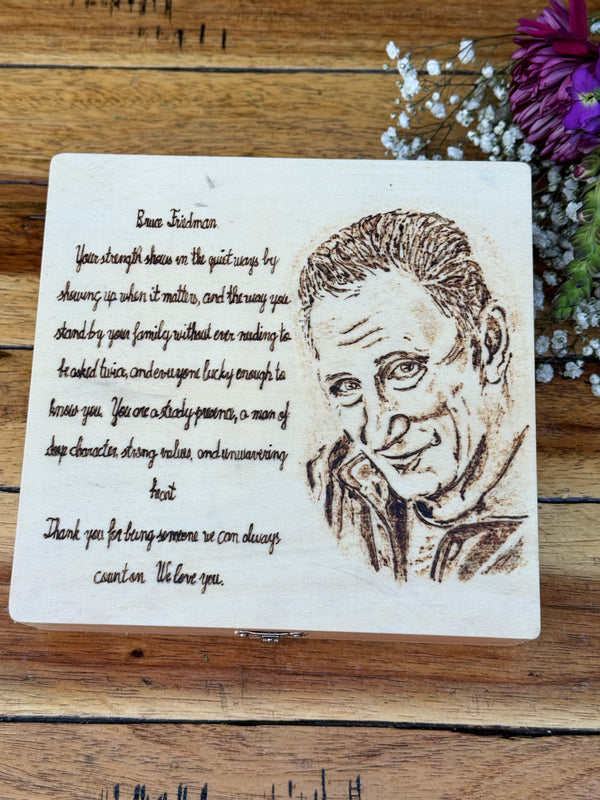 Custom Woodburned Keepsake Box – 8.3” x 8.1” x 1.8”
